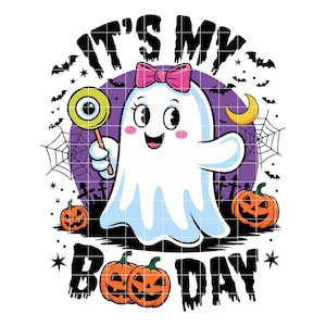 May include: A cartoon illustration featuring a friendly ghost with a pink bow, holding an eyeball lollipop. The image includes pumpkins, bats, spiderwebs, and the text "It's My Boo Day."