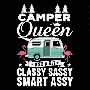 May include: Black graphic design featuring the text "CAMPER Queen" with a teal and white camper illustration, two pink flamingo illustrations, and the text "AND A BIT CLASSY SASSY SMART ASSY".