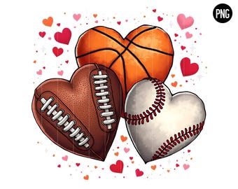 Sports Hearts PNG, Football Basketball Baseball Heart Design, Valentine’s Day Sports Lover Clipart, Sports Mom Digital Art, Digital Download