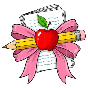 May include: A colorful illustration featuring a red apple with a green leaf, a yellow pencil, and a pink ribbon. The pencil is positioned across the apple and ribbon, with a stack of lined paper in the background. The design is perfect for back-to-school themes.