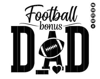 以下が含まれることがあります： 「Football bonus Dad」の文字が入った白黒のグラフィックデザイン。 「Dad」の文字はD、A、Dの文字で構成され、文字「A」の代わりにフットボールが配置されています。 下部にはハートのシンボルがあります。