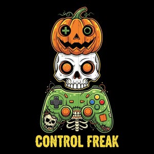 Op de afbeelding: Een digitale illustratie met een Halloween-thema. Een oranje pompoen staat bovenop een witte schedel, die rust op een groene gamecontroller. De woorden "CONTROL FREAK" staan in het geel onderaan.