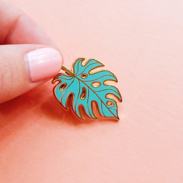 plant mom gift, monstera leaf hard enamel pin, mother's day gift for her, tropical leaf plant lover pin for mom, mint botanical brooch