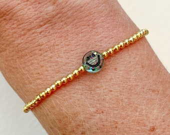 gold smiley face bracelet, dainty gold jewelry for her, gold beaded stretchy bracelet, personalized gifts for mom