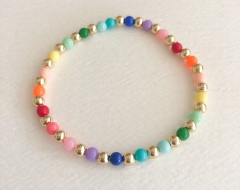 rainbow and gold bead stretchy bracelet, 4mm gold fill bead bracelet, colorful beaded bracelets, personalized gift for her, pride jewelry