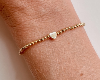 dainty gold heart bracelet, real gold bracelet won't tarnish, custom stretchy bracelet, personalized gift for mom, friendship bracelet