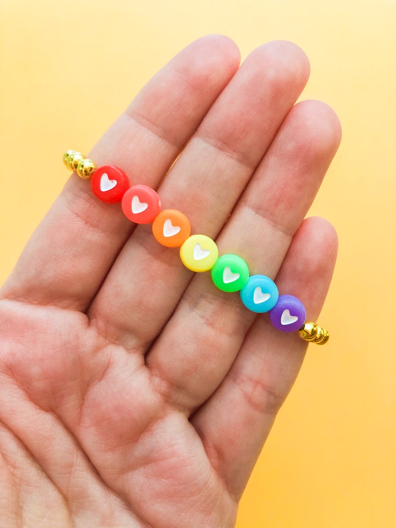 Rainbow heart stretchy bracelet custom stretch bracelet gold Etsy