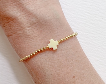 christian cross bracelet, neutral ivory cream charm, no tarnish gold fill bracelet, custom stretch bracelet, personalized gift for mom