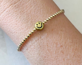 gold smiley face bracelet, personalized mother's day gift for her, dainty jewelry, beaded stretchy bracelet, gift for mom, stacking bracelet