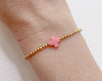 mother's day gift, dainty cross bracelet, rose pink charm, gold fill bracelet, custom stretchy friendship bracelet personalized gift for mom