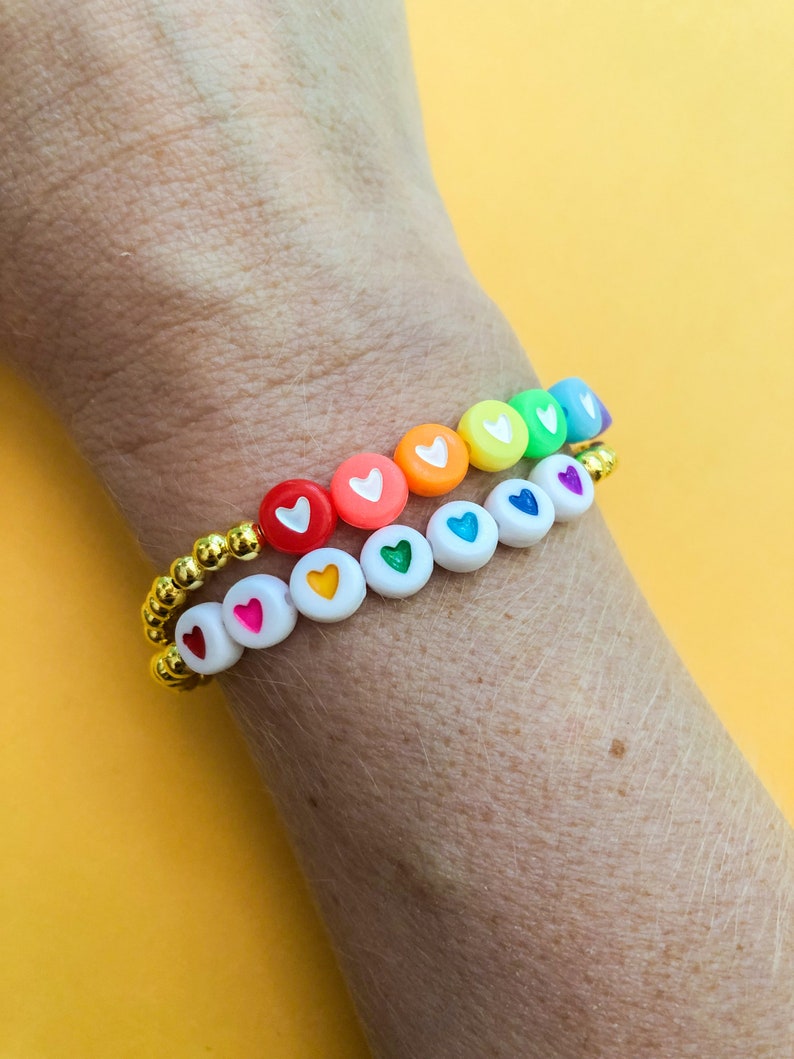 Rainbow heart stretchy bracelet custom stretch bracelet gold Etsy