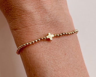 dainty gold cross bracelet, mother's day gift, stretchy bracelet won't tarnish, personalized gift for mom, friendship bracelet