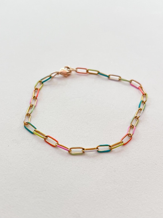 dainty paperclip chain bracelet, colorful summer accessory, gold enamel jewelry, custom size, personalized gift, gold filled won't tarnish