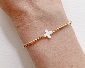 dainty cross bracelet, mother's day gift, pearl charm, gold fill bracelet won't tarnish, custom stretchy bracelet, personalized gift for mom