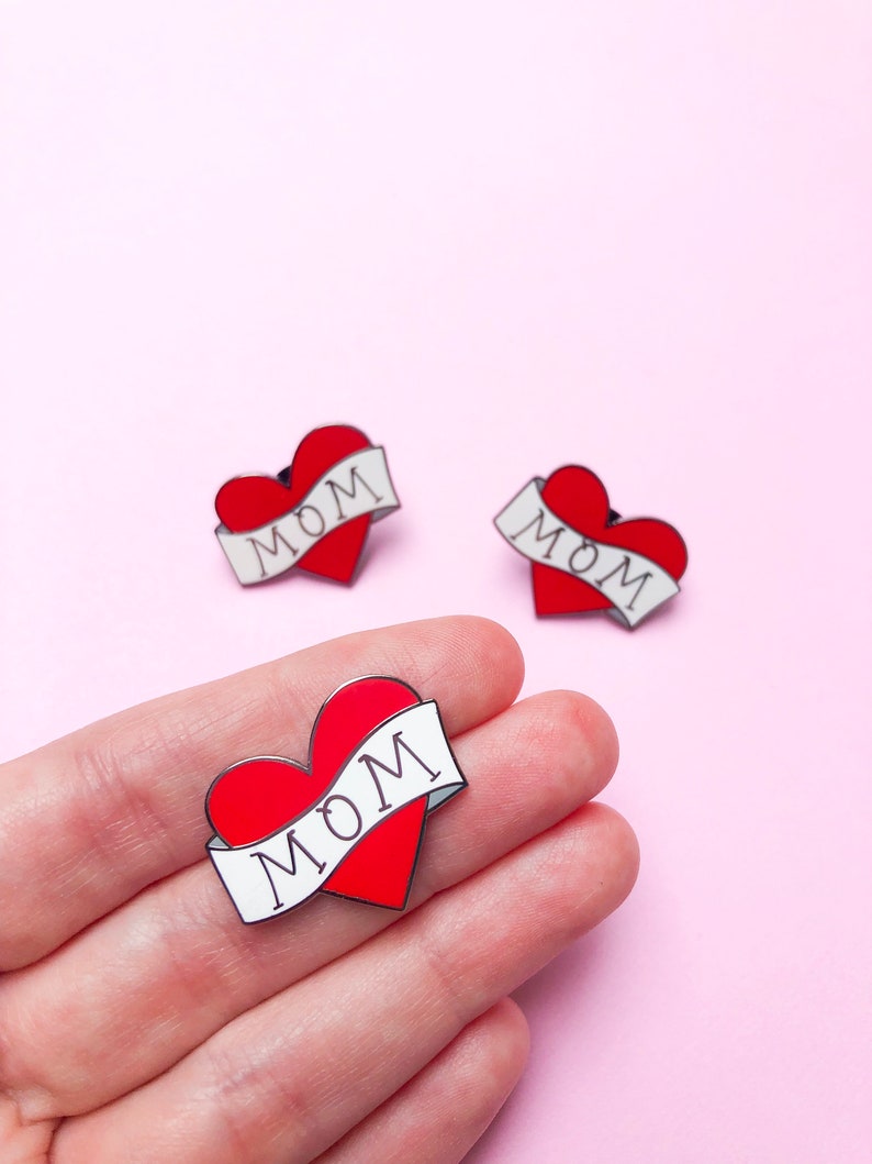 mom heart enamel pin, mother's day gift for mom, mom life accessories, gift for boy mom, red heart pin, girl mom image 1