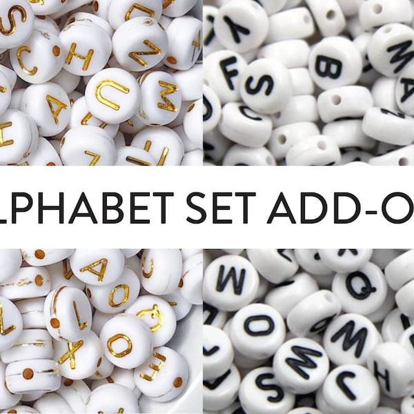 alphabet set add-on for bracelet kits, gold and black acrylic round letter beads