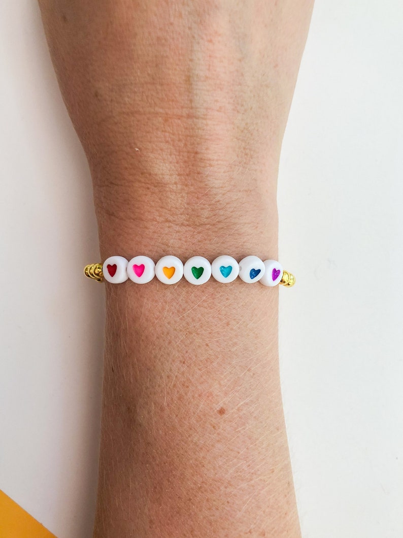 Rainbow heart stretchy bracelet custom stretch bracelet gold Etsy