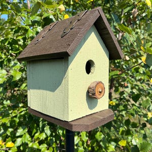May include: A green and brown birdhouse with a wooden knob on the front. The birdhouse is mounted on a black metal pole and is surrounded by green foliage.