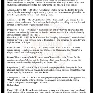 May include: A white document titled Philosophers with black text framed by black Greek column borders. It lists historical figures including Thales, Anaximander, Anaximenes, Pythagoras, Heraclitus, Parmenides, Zeno, Empedocles, Anaxagoras, and Cicero.