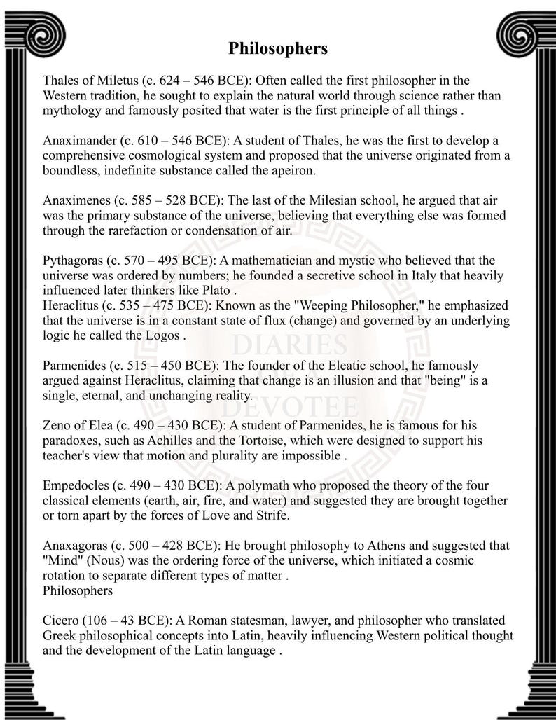 May include: A white document titled Philosophers with black text framed by black Greek column borders. It lists historical figures including Thales, Anaximander, Anaximenes, Pythagoras, Heraclitus, Parmenides, Zeno, Empedocles, Anaxagoras, and Cicero.