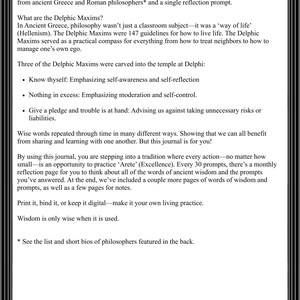 May include: A black and white instructional page titled How to Use This Journal, framed by decorative columns. The text explains the use of 365 Days of Ancient Wisdom, detailing Delphic Maxims, daily reflection prompts, and monthly reviews.
