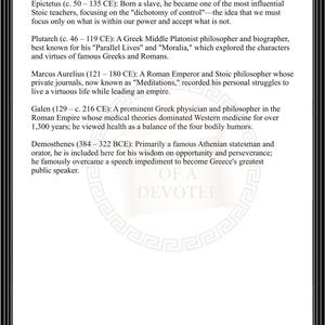 May include: A white document titled Philosophers with black text detailing Epictetus, Plutarch, Marcus Aurelius, Galen, and Demosthenes. The page features a black border with decorative columns and scroll-like patterns at the top and bottom corners.