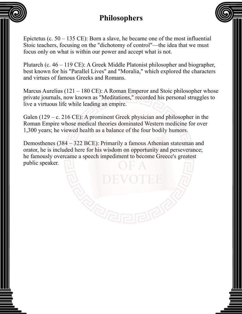 May include: A white document titled Philosophers with black text detailing Epictetus, Plutarch, Marcus Aurelius, Galen, and Demosthenes. The page features a black border with decorative columns and scroll-like patterns at the top and bottom corners.