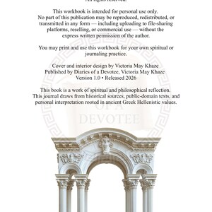 May include: A white journal cover titled The Ancient Greek Philosophy Journal: 365 Days of Ancient Wisdom for Modern Life by Victoria May Khaze. The text includes copyright and usage notices above a detailed illustration of a classical stone archway.