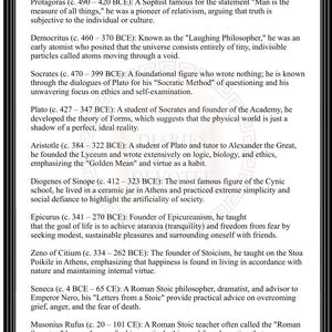 May include: A black and white document titled Philosophers, framed by decorative columns. It lists historical figures including Protagoras, Democritus, Socrates, Plato, Aristotle, Diogenes of Sinope, Epicurus, Zeno of Citium, Seneca, and Musonius Rufus.