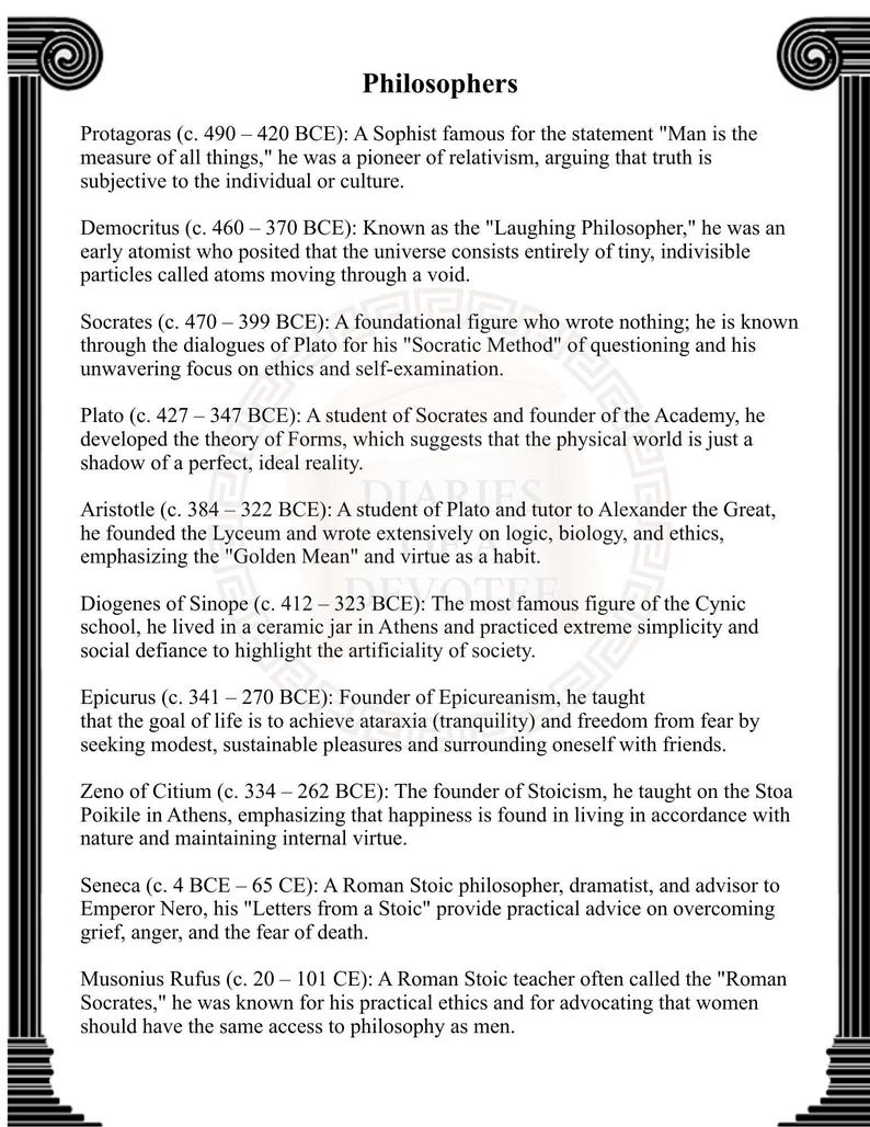 May include: A black and white document titled Philosophers, framed by decorative columns. It lists historical figures including Protagoras, Democritus, Socrates, Plato, Aristotle, Diogenes of Sinope, Epicurus, Zeno of Citium, Seneca, and Musonius Rufus.