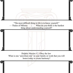 May include: A white journal page featuring three rectangular writing sections framed by black classical columns. The text includes Delphic Maxim #1 Follow God(s), a quote by Thales of Miletus, and Delphic Maxim #2 Obey the law, with prompts.