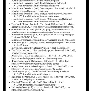 May include: A document titled Citations featuring a list of sources related to ancient Greek philosophy and Stoic quotes. The text is framed by black decorative columns on the left and right sides, with spiral patterns at the top corners.