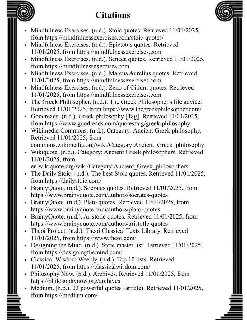 May include: A document titled Citations featuring a list of sources related to ancient Greek philosophy and Stoic quotes. The text is framed by black decorative columns on the left and right sides, with spiral patterns at the top corners.