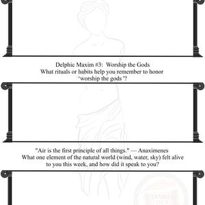 May include: A white journal page featuring three rectangular writing sections framed by black Greek columns. The text includes quotes from Anaximander and Anaximenes, Delphic Maxim #3, and prompts. A faint outline of a statue and a logo are visible.