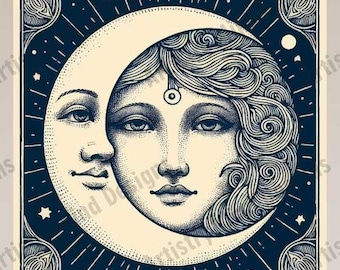 Woman and Moon Illustration - Digital Wall Art - Celestial Feminine Art - Lunar Design - Boho Decor - Astrological Art - Mystical Artwork