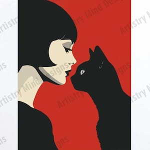 Abstract Woman and Cat Wall Art - Red and Black Digital Illustration - Modern Contemporary Printable Artwork