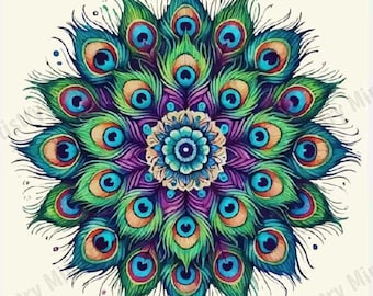 Peacock Feather Mandala Wall Art – Digital Download - Boho Mandala Home Decor, Colorful Peacock Artwork for Meditation and Yoga Spaces