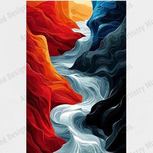 May include: Abstract art print featuring a swirling, flowing design in shades of red, blue, and white. The colors are vibrant and create a sense of movement and energy.