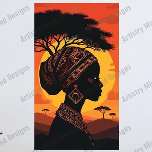 Art mural silhouette de femme africaine - coucher de soleil africain - téléchargement numérique de la silhouette de femme tribale - décoration afrocentrique pour intérieurs bohèmes