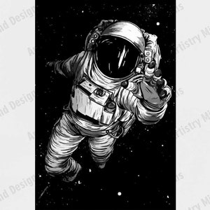 Black and White Astronaut Illustration Digital Wall Art - Retro Sci-Fi Space Print for Modern Home Decor