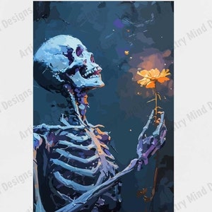 Abstract Skeleton Art Holding Flower - Gothic Surrealist Digital Wall Art - Life and Death Theme Printable Decor