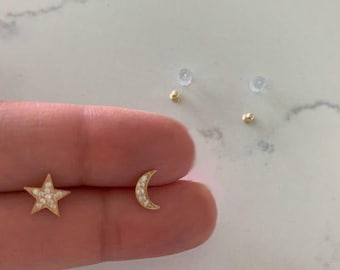 14k Gold Moon and Star Stud Earrings: Celestial Jewelry
