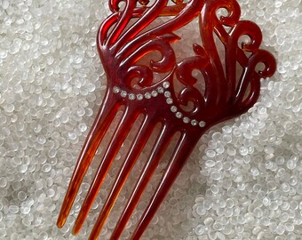 Antique hair comb , paste rhinestones , reddish tint hair combs, 19th, early 20th century, t6