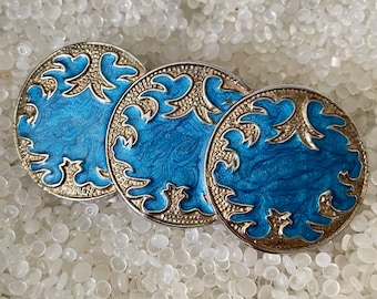 barrette en métal vintage, barrette bleue et dorée, vintage 1980, dessins thaïlandais