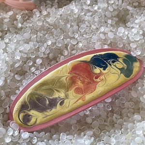 Vintage barrette, vintage 1980 baked on enamel, pink barrette, pink , gold green swirled