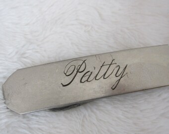 vintage barrette, silver barrette , engraved with the name Patty