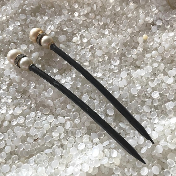 Vintage hair sticks, chignon sticks, Black plastic hair stick ,  Crystal Rhinestone Rondelle, Ornamental Hair Stick,k31