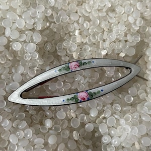 vintage hair barrette, sterling silver, Enamel Guilloche Barrette soft white  with roses, vintage 1950