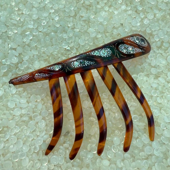 Antique tortoiseshell comb, paste rhinestone, hai… - image 1