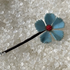 vintage hairpin, blue flower  with red bead center